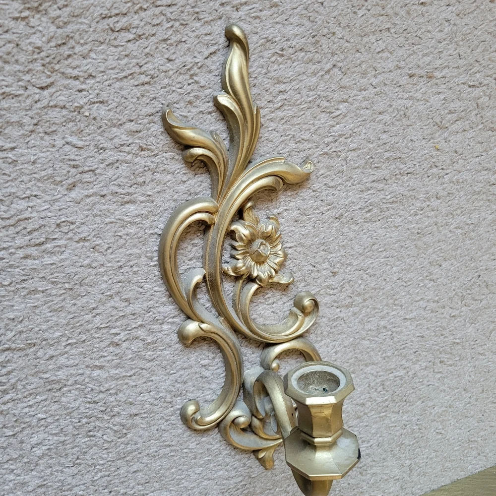 Vintage Set Syroco Dart Gold Hollywood Regency Wall Sconces and Shelf #3025#3933